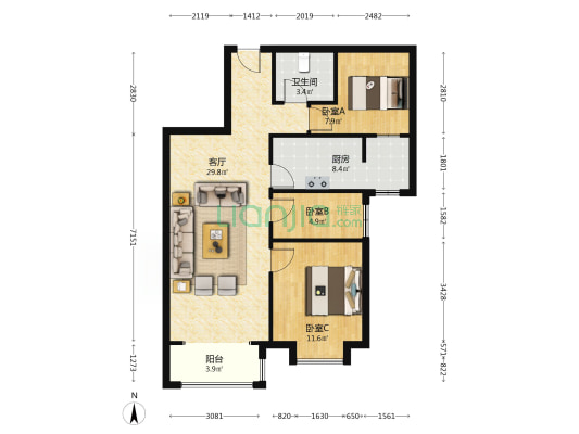 此房满二税少 中高楼层 全天采光无遮挡 精装未住-户型图
