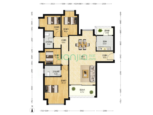 恒大时代新城 4室1厅2卫 130平方