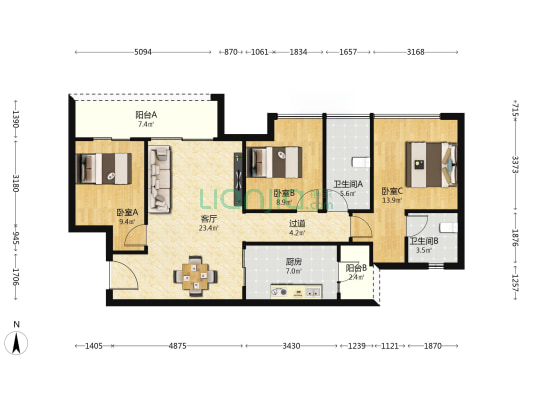 桥达璞樾鎏云 3室1厅2卫 97平方