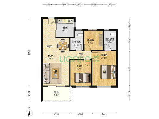 万科城市之光 3室1厅2卫 91平方