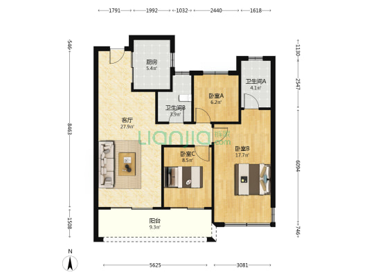 云悦天境 3室1厅2卫 105平方