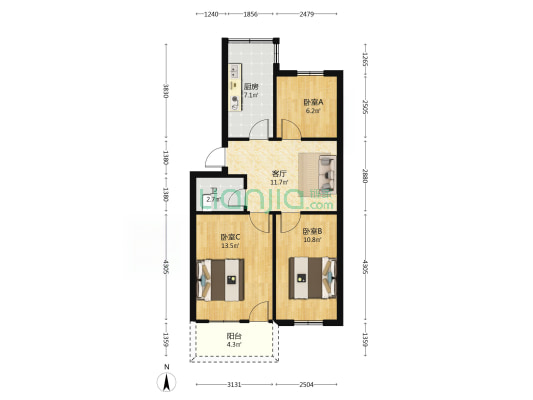 警院宿舍 3室1厅1卫 67平方