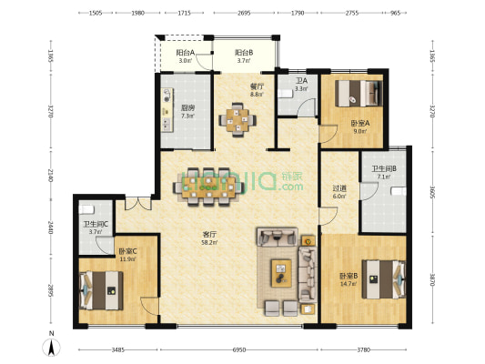 招商华宇长安玺 3室2厅3卫 178平方