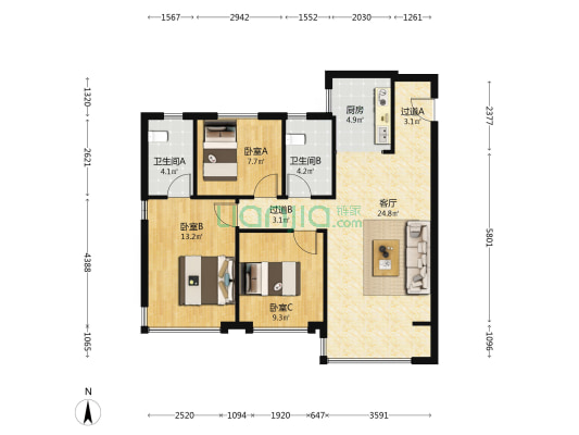 际华园天津府 3室1厅2卫 117平方