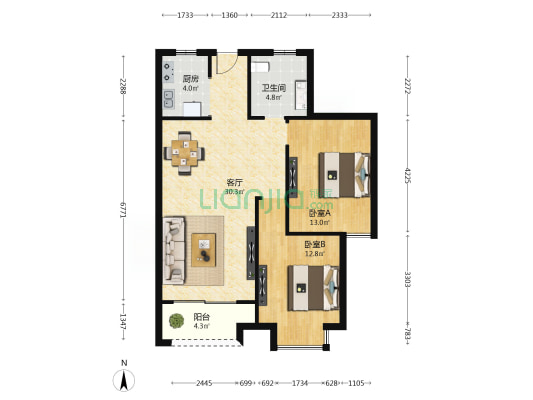 长兴家院 2室1厅1卫 90平方