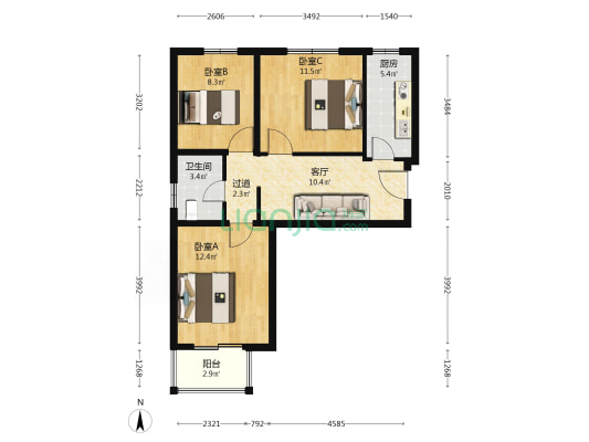 泰福苑D1区 3室1厅1卫 86平方