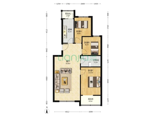 亿合家园 3室1厅1卫 102平方