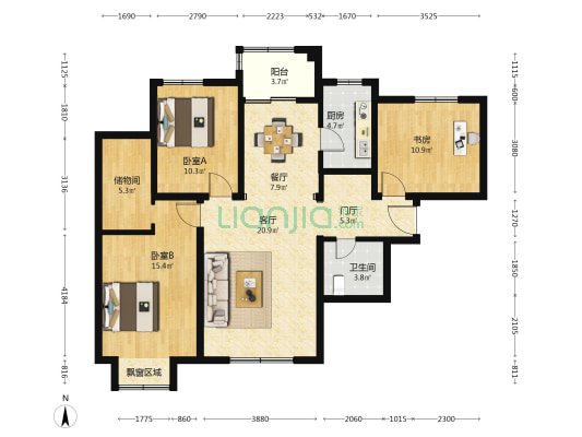 金盏嘉园B区 3室2厅1卫 123平方