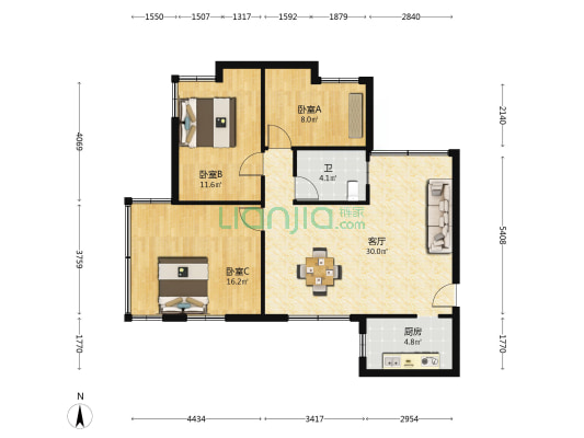 百花总汇 3室1厅1卫 86平方