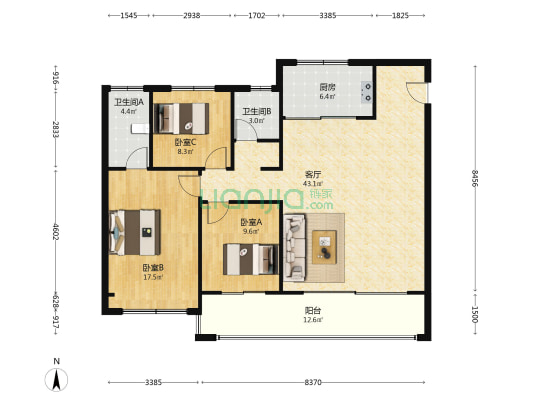 仁恒叙澜庭 3室1厅2卫 129平方