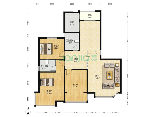 家和阳光 3室1厅2卫 133平方