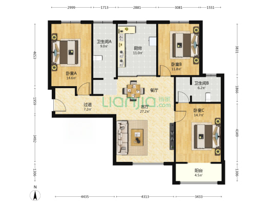 揽盛金广厦 3室1厅2卫 140平方