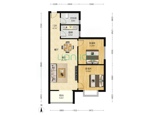 红星美凯城 2室1厅1卫 91平方