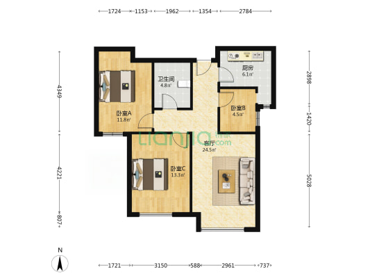 鸿坤理想湾北区 3室1厅 南-户型图