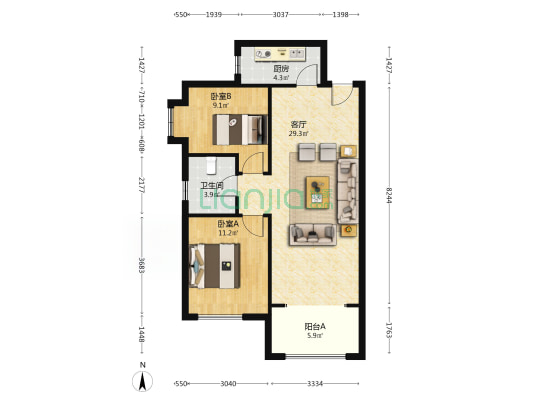 鸿坤理想湾南区 2室1厅 南-户型图
