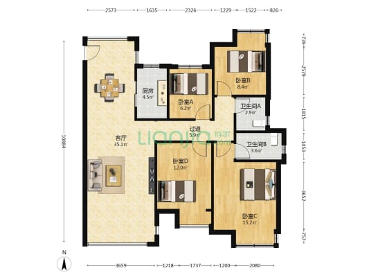 通源新建城A5 4室1厅2卫 119平方