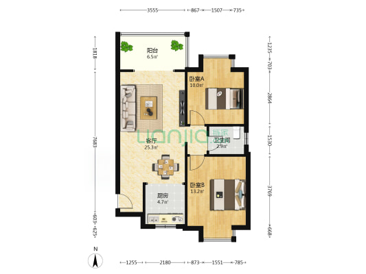 中景花园 2室1厅1卫 83平方