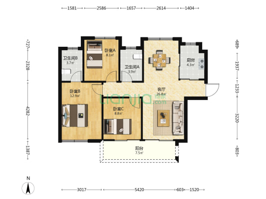 国贸保利和颂锦原 3室1厅2卫 95平方