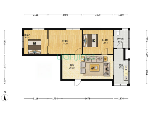 翠湖南路173号-175号院 3室1厅1卫 69平方