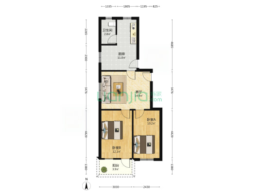 粮食和物资储备局宿舍 2室1厅1卫 75平方