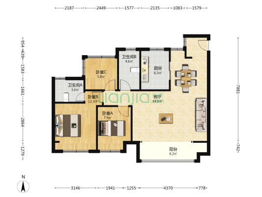 爱情云锦万象 3室1厅2卫 98平方