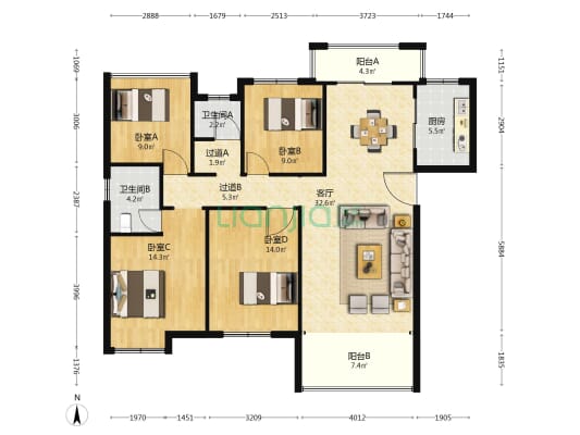 城发恒伟北城首府A区 4室1厅2卫 140平方