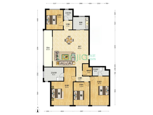 融信傲世邸 4室1厅3卫 205平方