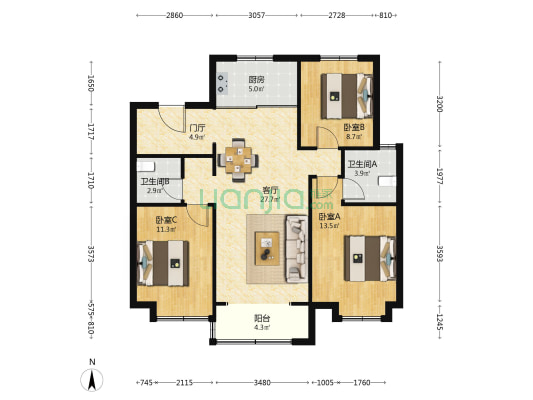 万科翡翠四季C区 3室1厅2卫 115平方