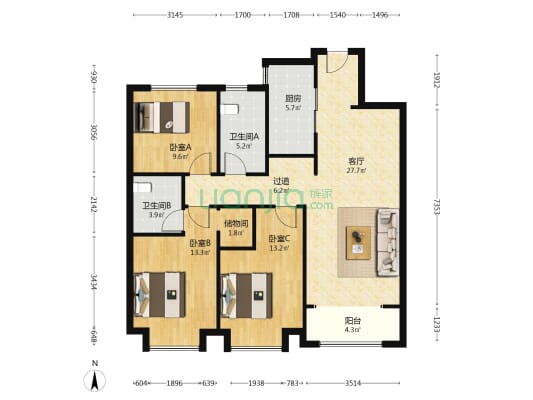 融创太原府 3室1厅2卫 128平方