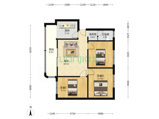 中区水电局宿舍 3室1厅2卫 80平方