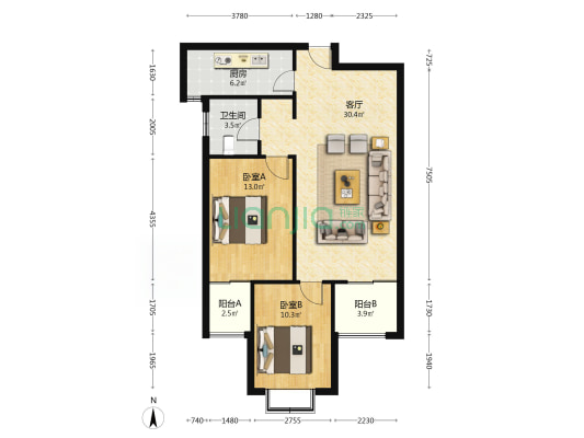 名流一品 全南两居室 范阳主路 电梯房 中间楼层采光好-户型图