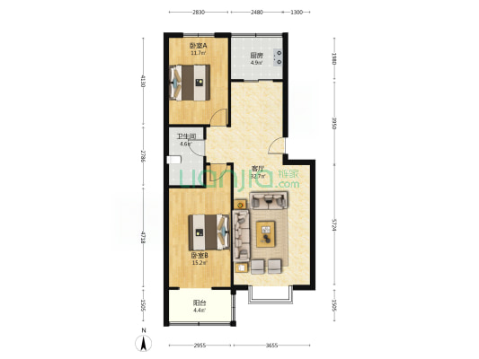 二康南 建设路上 精装修  南北通透 两居-户型图