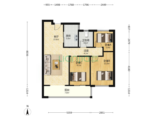 金桥西棠 3室1厅1卫 95平方