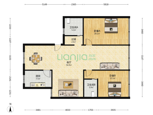 京西大厦 2室1厅2卫 143平方