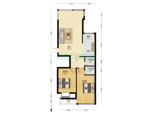 龙华花园二区 2室1厅2卫 89平方