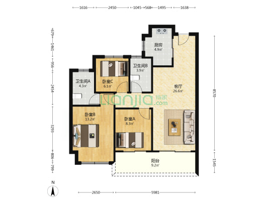 悦年华花园 3室1厅2卫 105平方