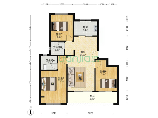 太湖澄光 3室1厅2卫 95平方