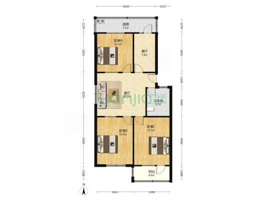 棉织公寓 3室2厅1卫 101平方