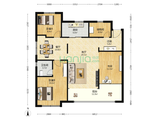 龙湖春江天越 3室2厅1卫 133平方