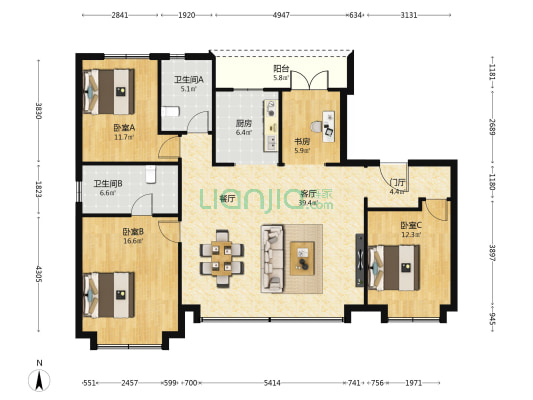 融创望江府DK12 4室1厅2卫 143平方