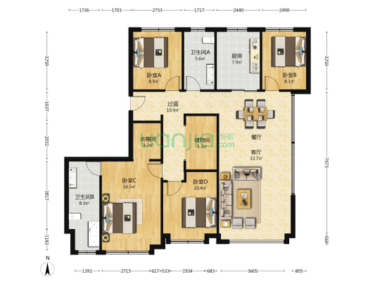 融创望江府一期DK2 4室1厅2卫 154平方
