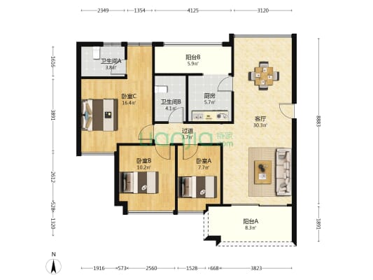 星逸居 3室1厅2卫 107平方
