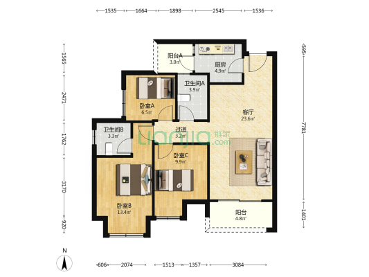 蓝光芙蓉公馆 3室1厅2卫 99平方