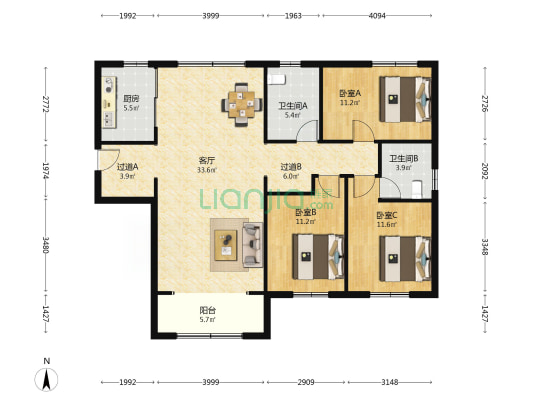 中博凤华岳府 3室1厅2卫 144平方