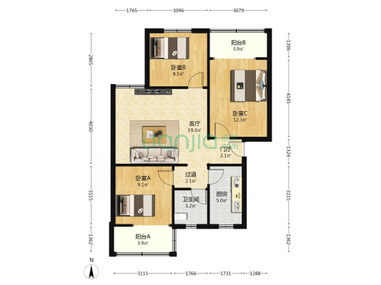 学府移民小区 3室1厅1卫 87平方
