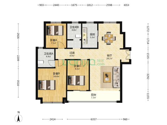 国信蓝悦湾 3室1厅2卫 128平方