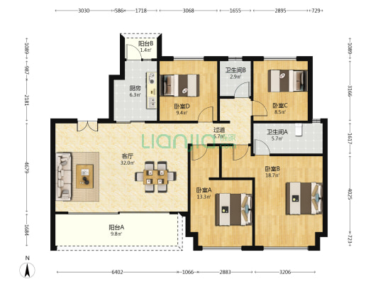 美的东樾玖院 4室1厅2卫 139平方