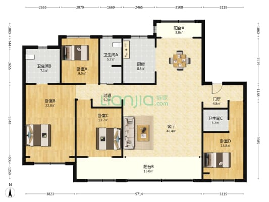 四建空港花园 4室1厅3卫 203平方