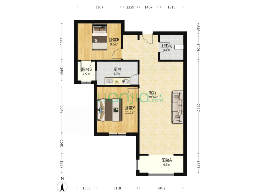 香邑溪谷精装，南北通透的两居，本满二年。-户型图