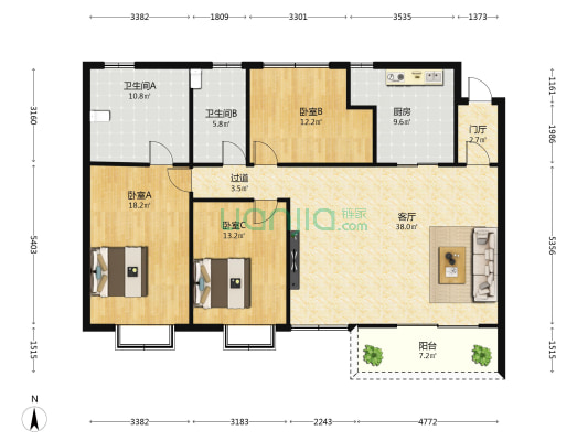 环海大厦 3室1厅2卫 165平方